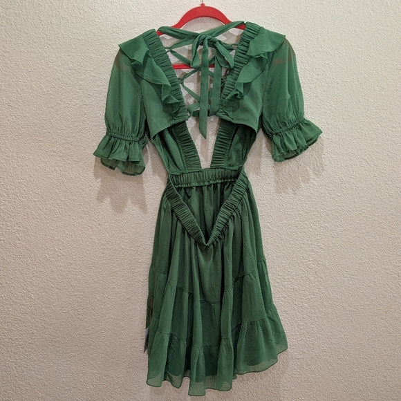 NWT ASOS DESIGN Green Ruffle Cutout Mini Dress Open Back Size US 4 Tiered Skirt - Picture 9 of 13